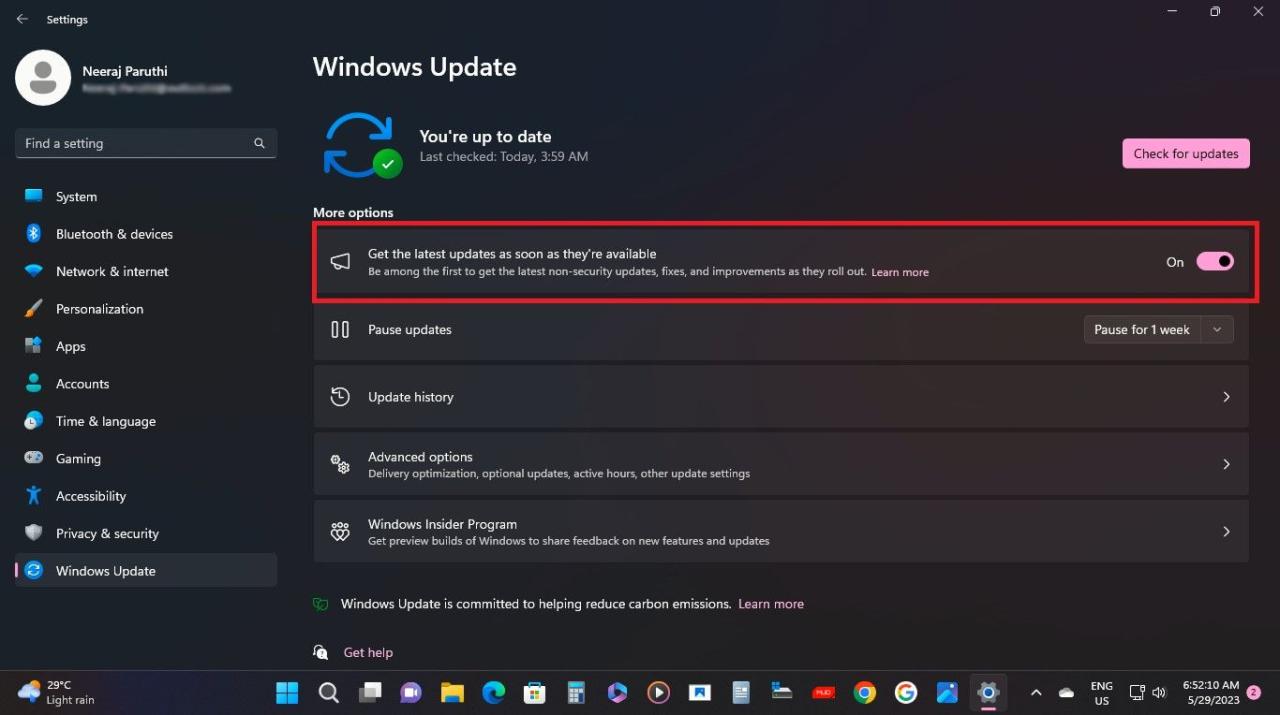 Windows Update Page With Latest Updates Toggle Turned On