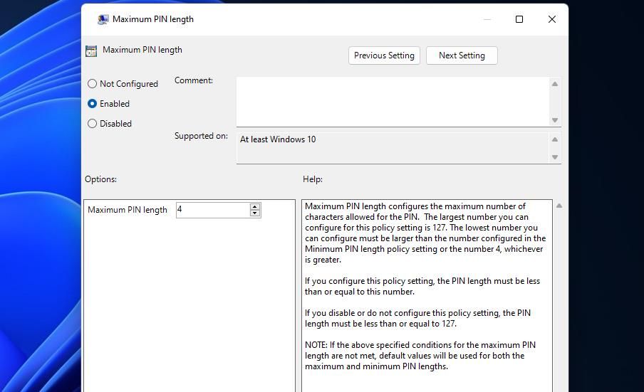 The Maximum PIN Length policy window 