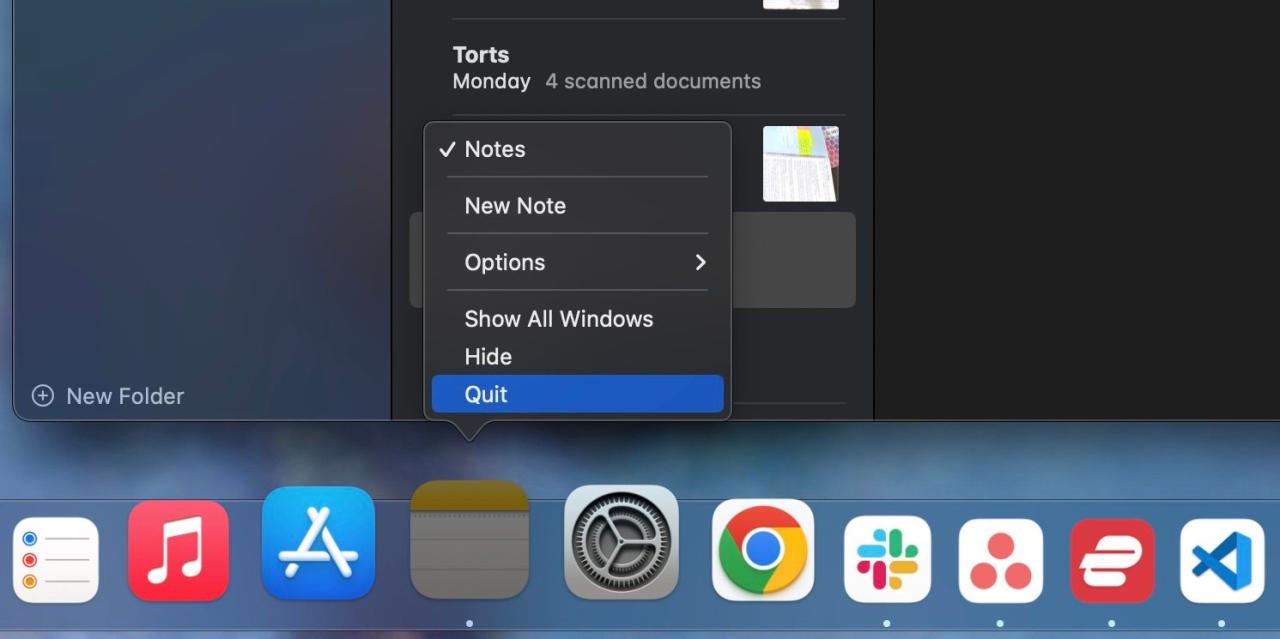 Notes popup menu in Dock 