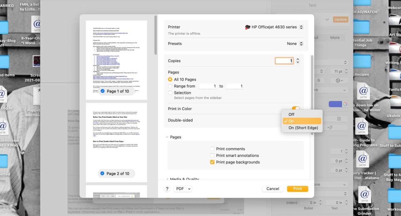 Pages Print menu open on MacBook Pro with double-sided dropdown menu open