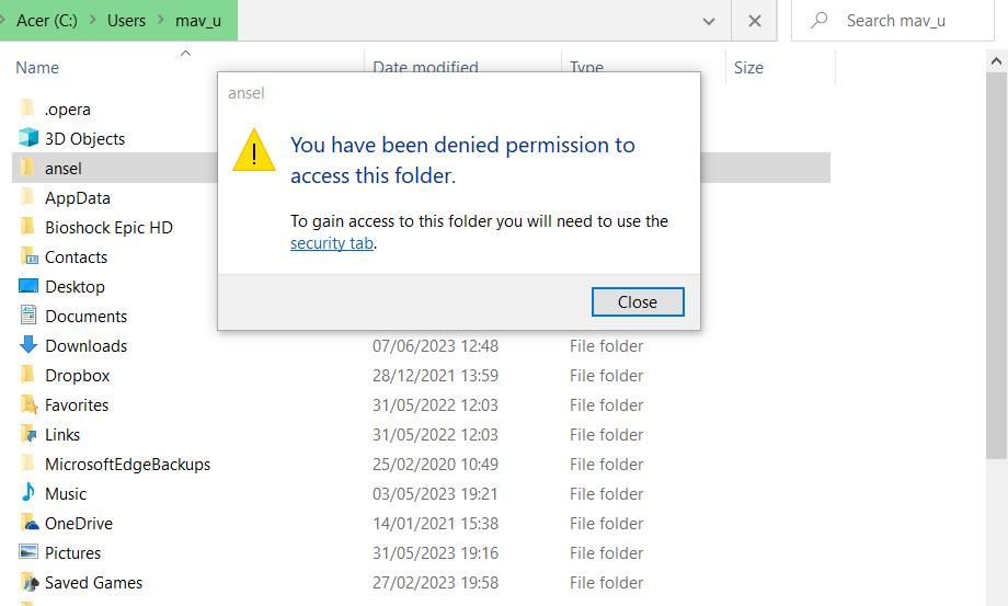 The permission denied message