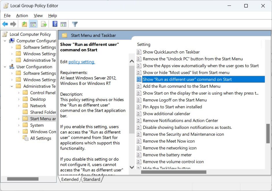 The Show Run as different user command on Start policy in the Local Group Policy Editor on Windows