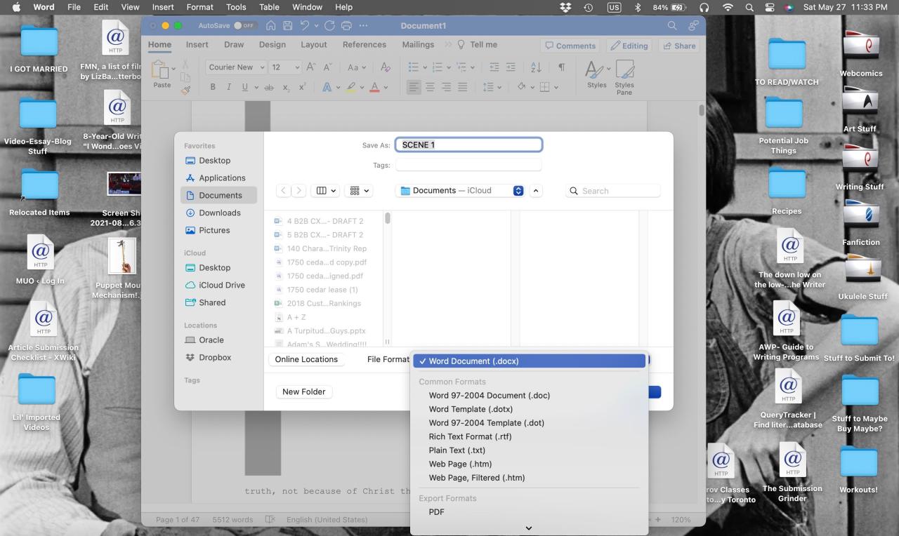 Save As menu with File Format dropdown open in Word for Mac