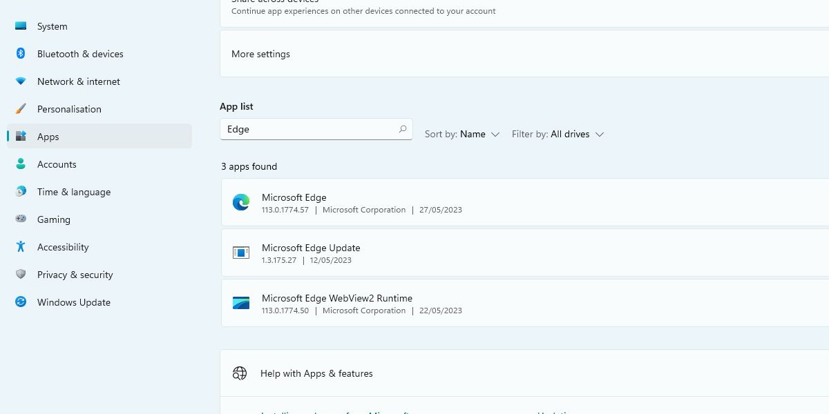 screenshot of microsoft edge in add or remove programs list