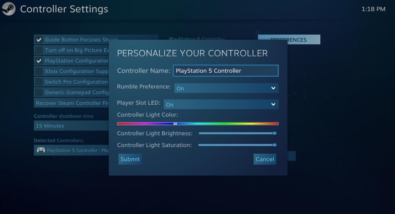 Controller light adjustment in Steam