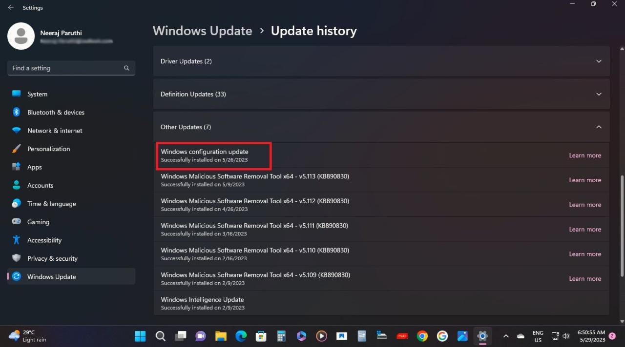Windows Configuration Update in Updates History Page