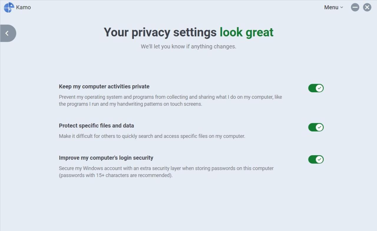 Kamo\'s Windows privacy settings