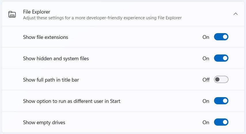 the File Explorer section of the For developers page in Windows settings