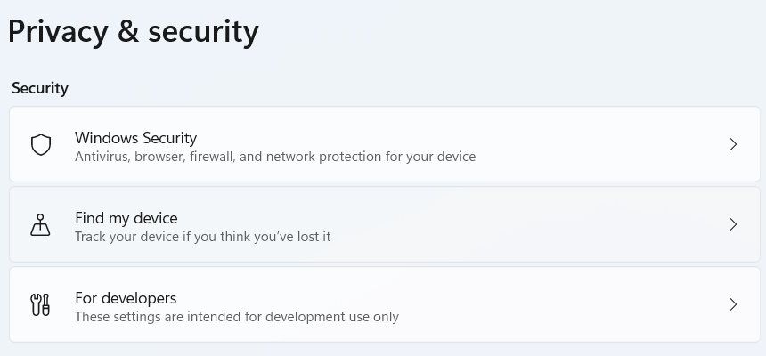 the security section of the Privacy and security settings on Windows