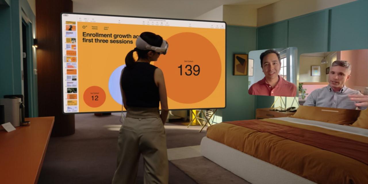 Woman talking to coworkers on FaceTime while viewing a presentation in augmented reality on Apple Vision Pro headset